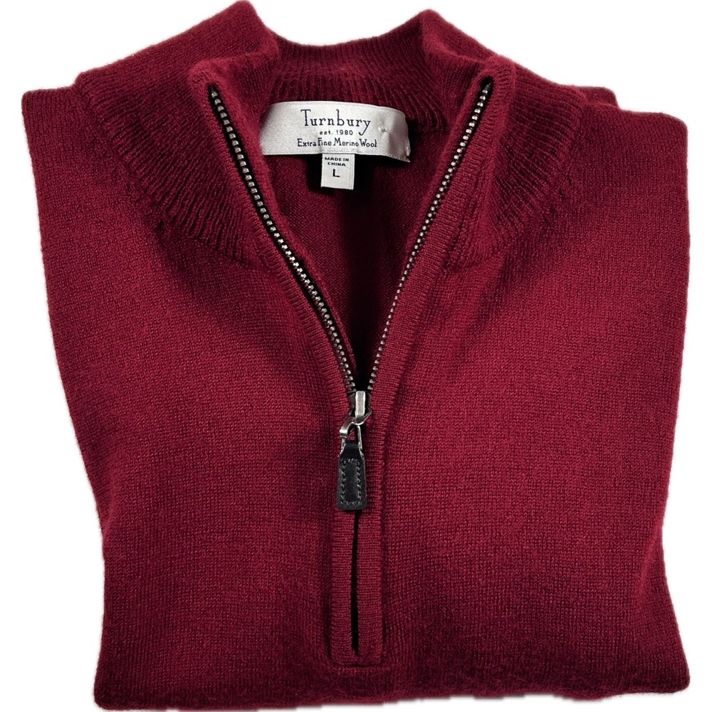 Turnbury Mens Large Extra Fine Merino Wool Quarter Zip Sweater Burgundy Red